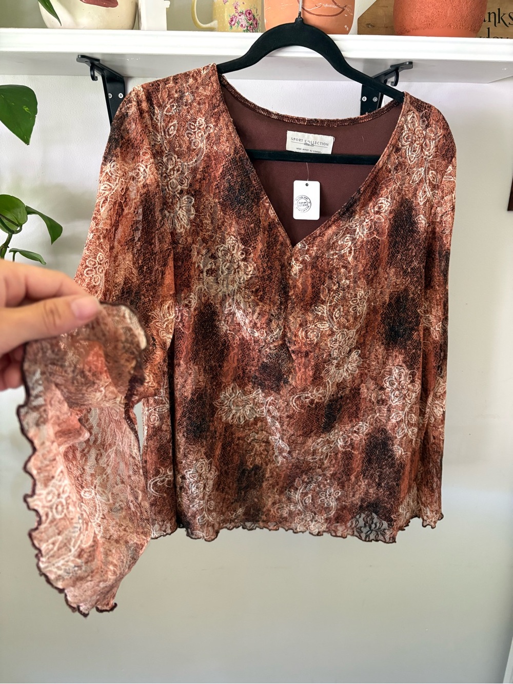 Report Collection Rust Brown Floral V-Neck Sheer Blouse